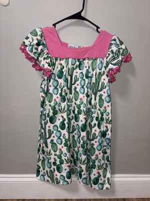 Ooh La Llama White Green Pink Cactus Print Dress Square Neck Bubble Fringe 7/8 