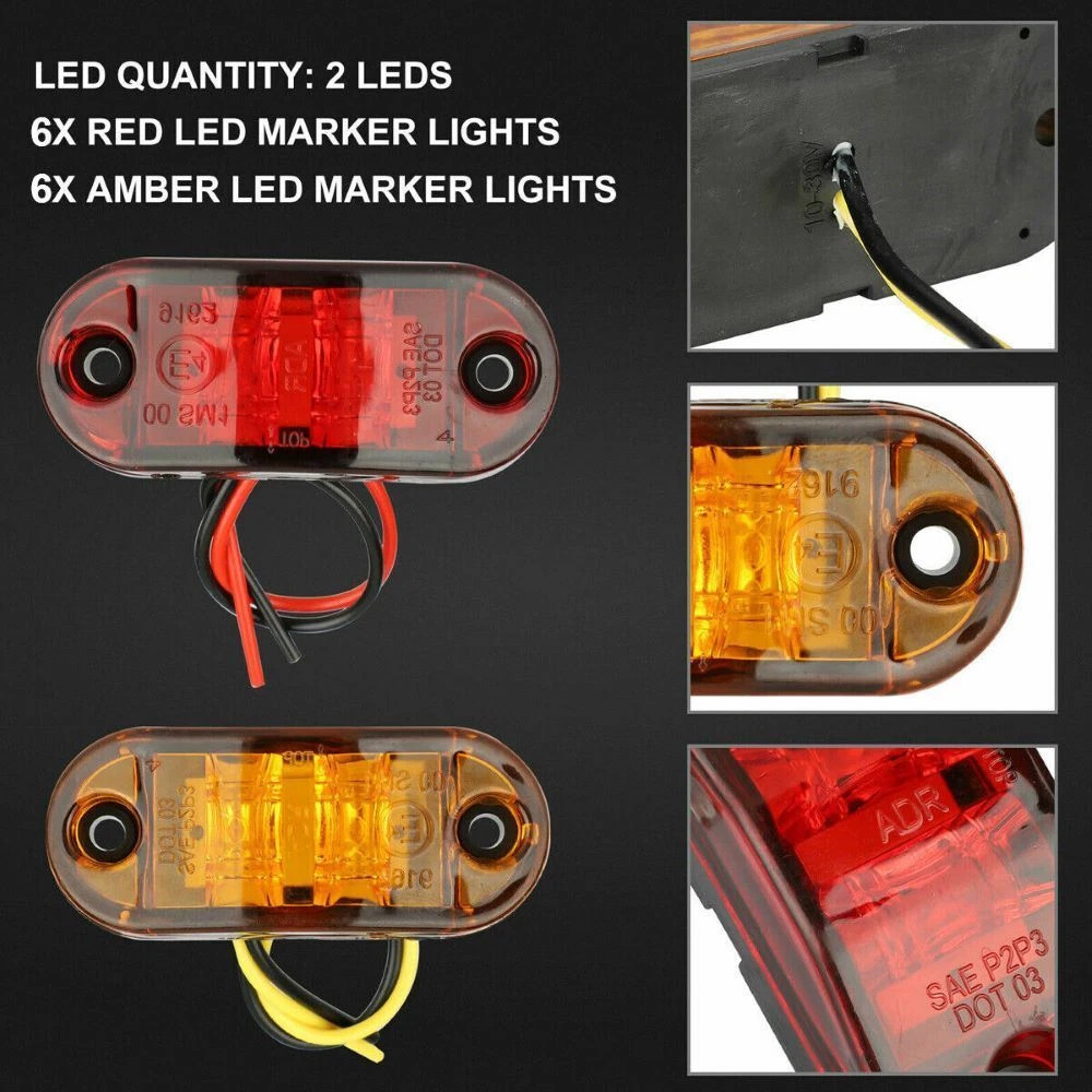 12PCS Amber/Red Marker Lights 2.5" LED Truck Trailer Oval Clearance Side Light