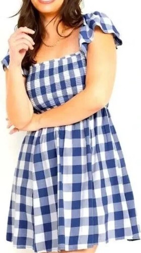 Old Navy Smocked Mini Dress Flutter Sleeve Gingham Plaid Blue Size M