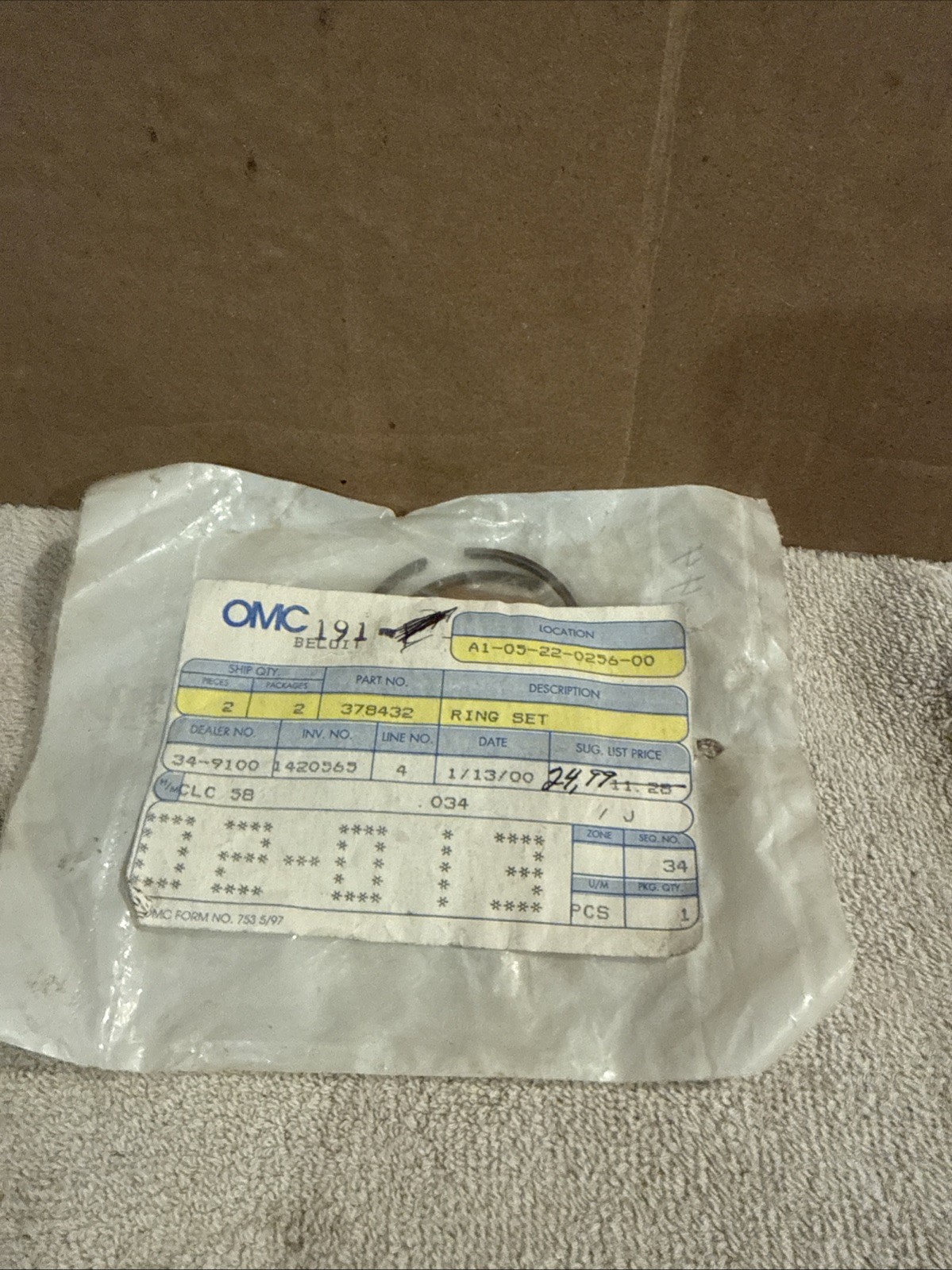 Omc Johnson Evinrude 378432 Lot Of 2 Rings In Pack New Oem Nos