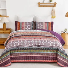 Boho King Quilt Set Purple 3-Piece Lightweight Microfiber Bedding