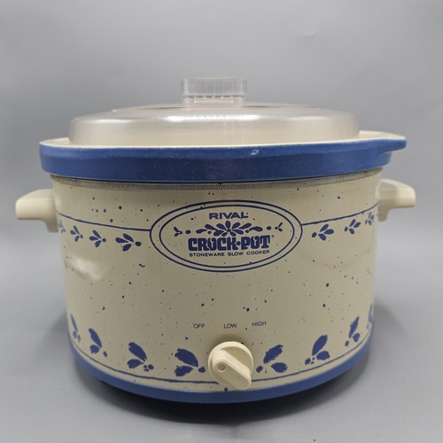 Vintage Rival 5 Qt Crock Pot Slow Cooker Blue Cottage Country Stoneware w/ Lid