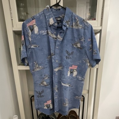 Reyn Spooner America's Navy Tailored Shirt M Blue Nautical Short Sleeve