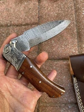 Handmade Damascus Steel Folding Pocket Knife With Engraved Eagle Design ZH76