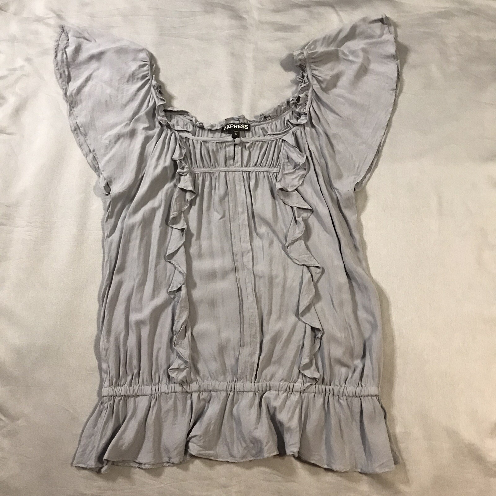 Express Blouse Womens Small Gray Ruffled Short Sleeve Viscose