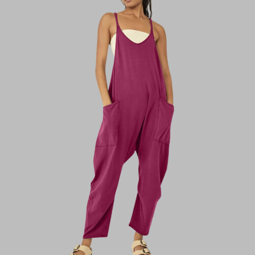 Womens Summer V Neck Solid Sleeveless Zipper Suspender Pants Overall Jumpsuits