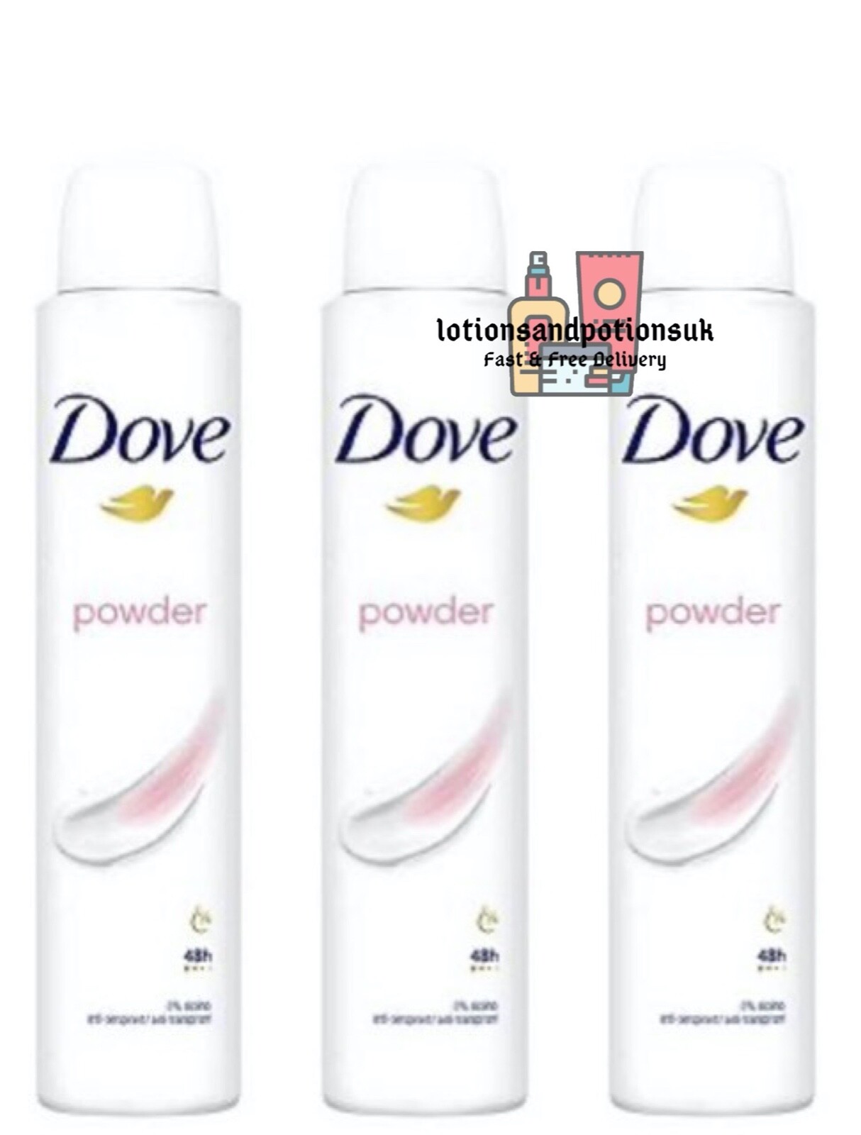 3 X Dove POWDER Anti Perspirant Deodorant 200ml 48Hr 0% Alcohol