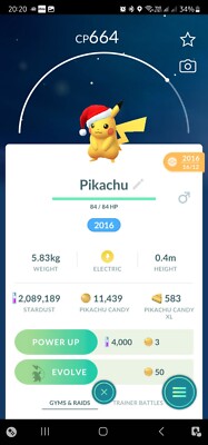 Pikachu ( Santa Hat ) ( Caught In 2016 ) Pokemon Tr@de Go