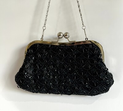 Vintage Black Beaded & Sequin Evening Cocktail Clutch Prom  display picture 1