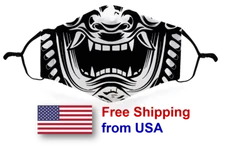 Samurai Oni Face Mask with Filter Pocket Reusable Fashion Print Japanese Vintage