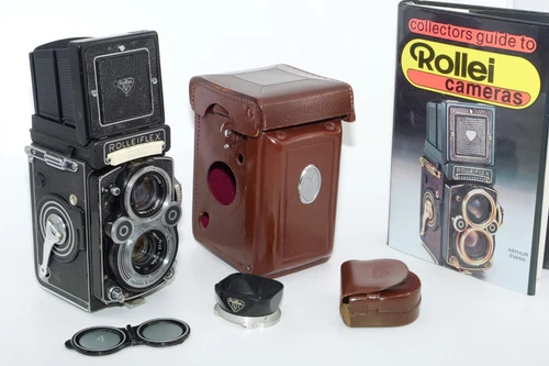 Rolleiflex 3.5F 6x6cm TLR  Film Camera. Zeiss Planar 75mm f3.5 Lens. Case. Hood.