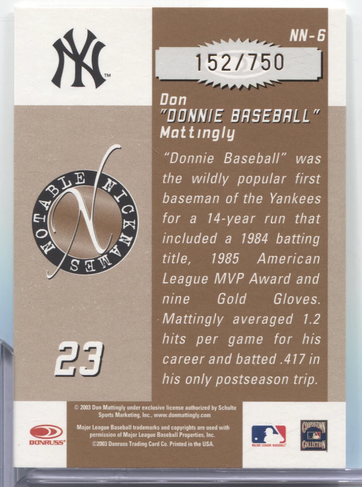 Don Mattingly Yankees 2003 Donruss Signature Series 152/750 #NN-6 052824MLCD168 - Image 2 of 2