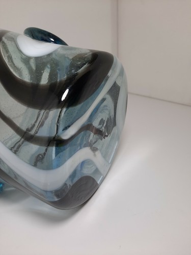Rare ART GLASS LARGE ICE BUCKET SWIRL BLACK WHITE SILVER SPECK HANDLES - Picture 10 of 12