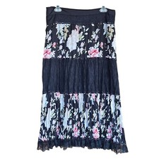 Vtg Medium Lace Dark Floral Midi Maxi Tiered Pleated Skirt Cottage Boho Fairy