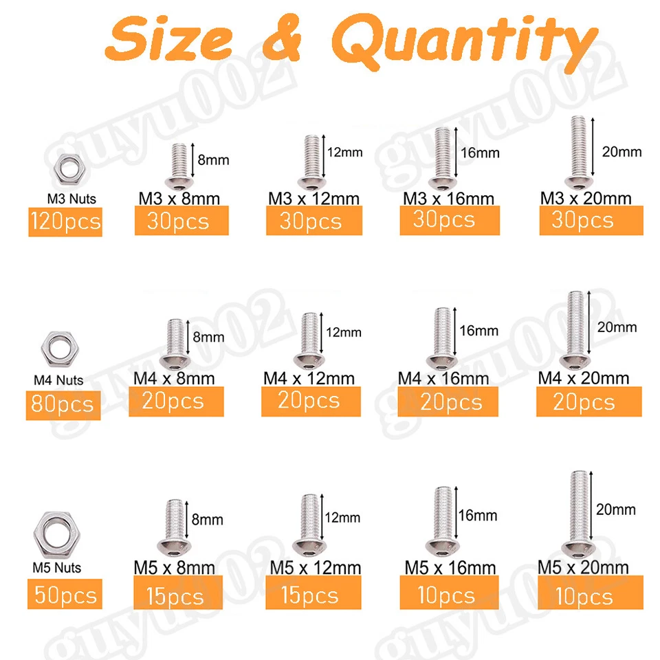 Kit surtido de arandela de tuerca pernos de tornillo hexagonal con cabeza de botón 500 piezas M3 M4 M5 Foto 2 de 4