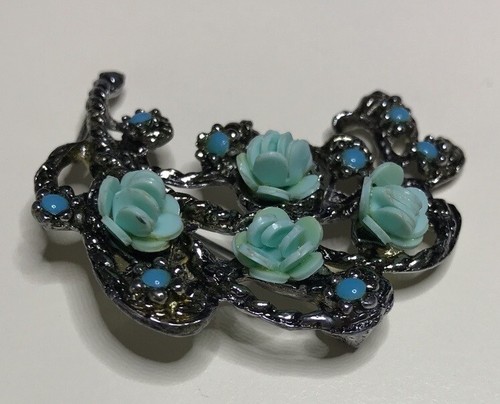 Early Plastic Celluloid Carved Flower Spray Silver Pot Metal Brooch Pin Vintage - Picture 6 of 6