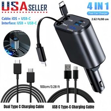 4 IN 1 Retractable Car Charger Cable Dual Port USB C PD Fast Charging Adapter US