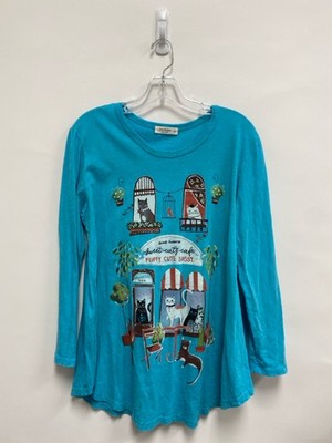 Jess & Jane Size M Turquoise Red/White Cats Ladies Top