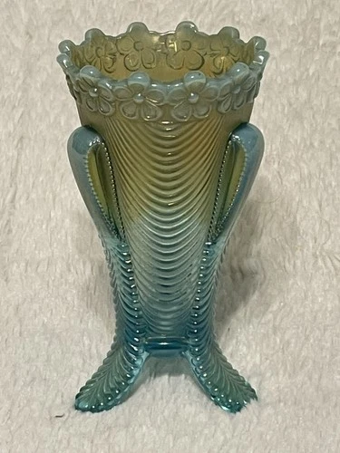 VINTAGE Antique Opalescent Aqua Carnival Glass Daisy Drape Vase NO RESERVE