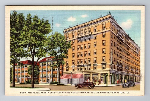 Cartolina d'epoca Evanston IL-Illinois, Fountain Plaza Apts Evanshire Hotel c1936