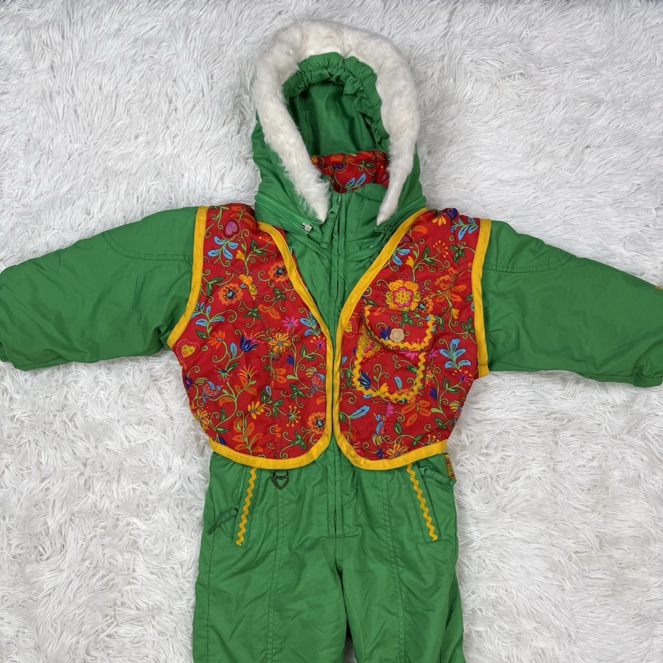 Obermeyer Girls Snowsuit One Piece Green/Yellow/Red Flowers Ski Suit Preschool 4 - Image 3 of 4