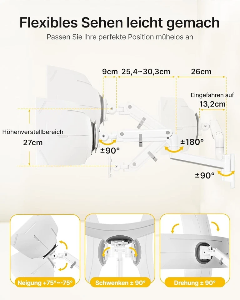 Monitor Wandhalterung 17-57" Ultrawide 27kg VESA 75/100 Höhenverstellbar Weiß - Bild 4 von 4
