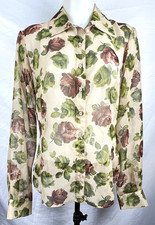 Lola Sheer Beige Chiffon Purple Rose Floral Button-Up L/S Shirt 12 Made in USA