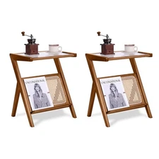 2 Pack Rattan Side Table, Mid Century Nightstand, Bamboo Accent Bedside Table...