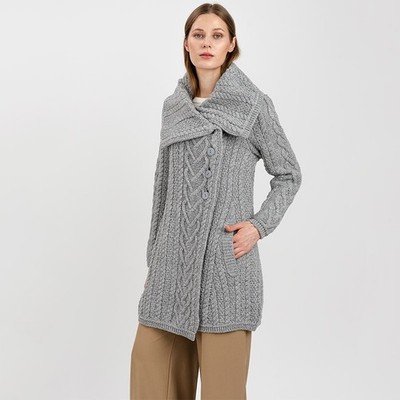 SAOL Aran Coatigan Women's Irish 100% Merino Wool Cable Knit Cardigan Coat