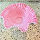 Vintage Fenton Hobnail Pink Cased Milk Glass Ruffled Bowl