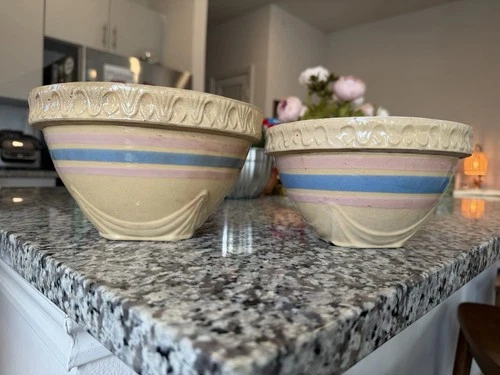 McCoy Pottery Yellowware Pink Blue Stripe Bowls 6.5 inch & 7.5 Inch Mixing USA
