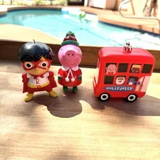 Peppa Pig In Skates, Ryan And Holly Jolly Bus Christmas Tree Ornaments Lot Of 3