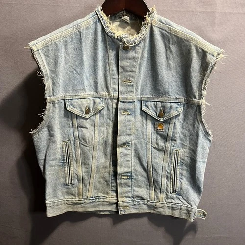 Carhartt Mens Distressed Denim Vest Light Wash Frayed DIY Workwear Biker Style - product listing photo