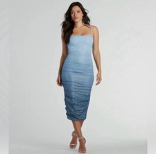 Blue Glitter Mesh Ruched Bodycon Midi Dress Square Neck Strappy Sleeveless