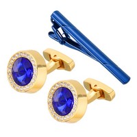 Kristall ManschettenknöPfe & Krawattenclip Set FüR Geschenkbox, Goldton (Blau)