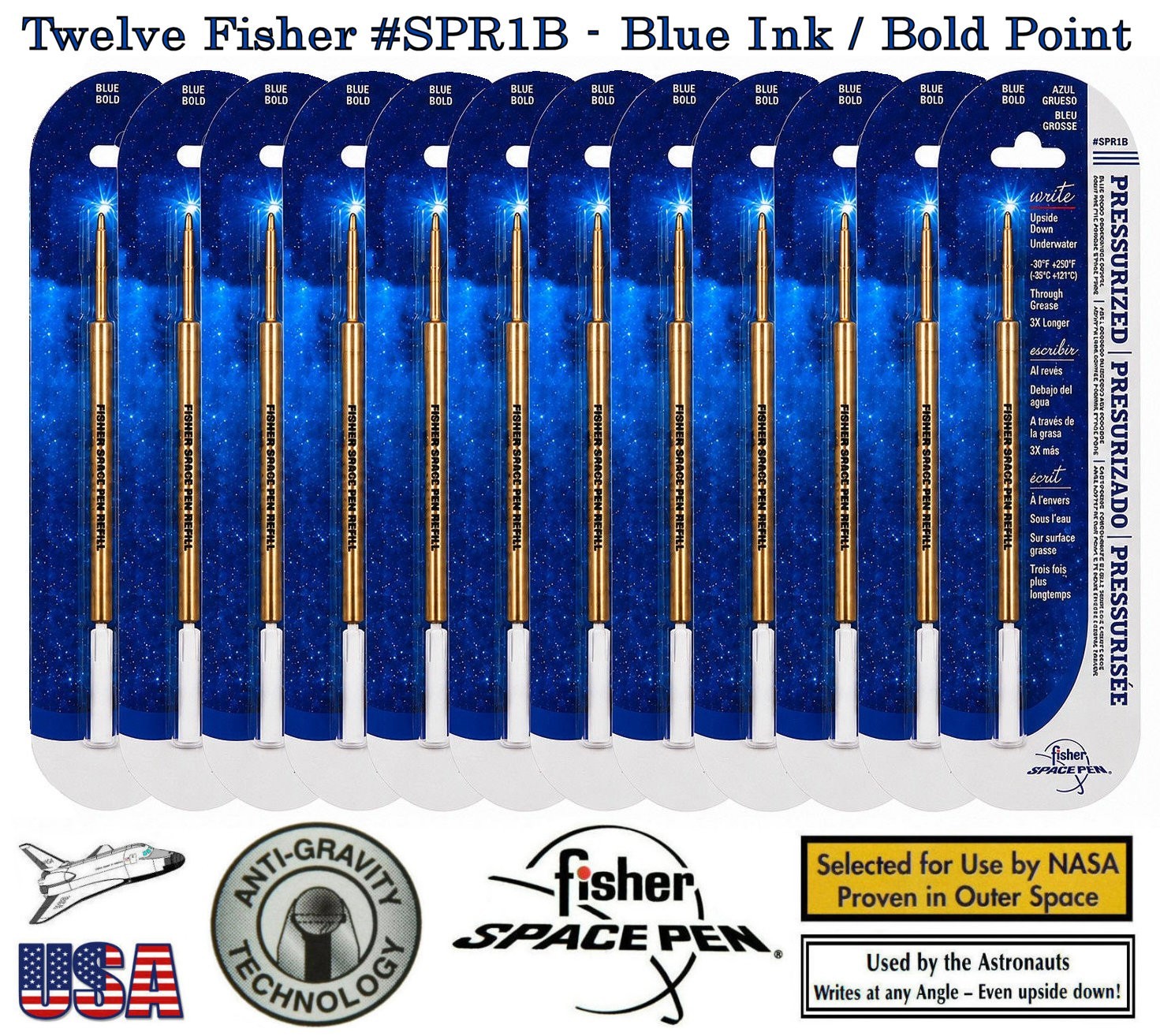 12 - Fisher Space Pen #SPR1B Blue Ink / Bold Point Refills - Also Fits Parker