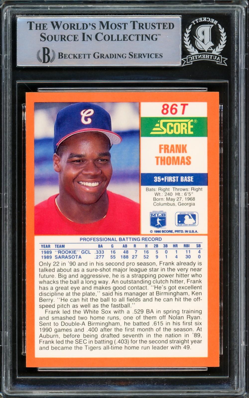 Frank Thomas Signed 1990 Score Traded Rookie Card #86T Chicago White Sox Beckett view 2