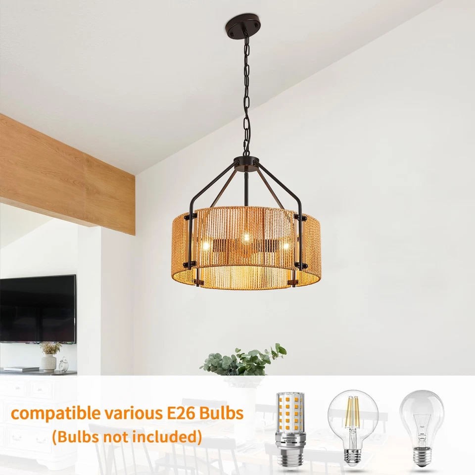 Lámpara de araña de ratán de 18,1", 4 luces grande negra colgante tejido de mimbre... Foto 4 de 4