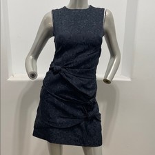 Vintage 70s Sleeveless Navy Floral Print Texuted Jacquard Knot-Detail Mini Dress