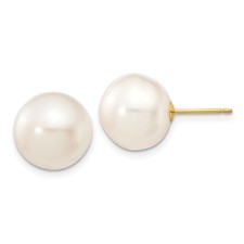 14k Yellow Gold 11-12mm White Button Cultured Pearl Stud Post Earrings