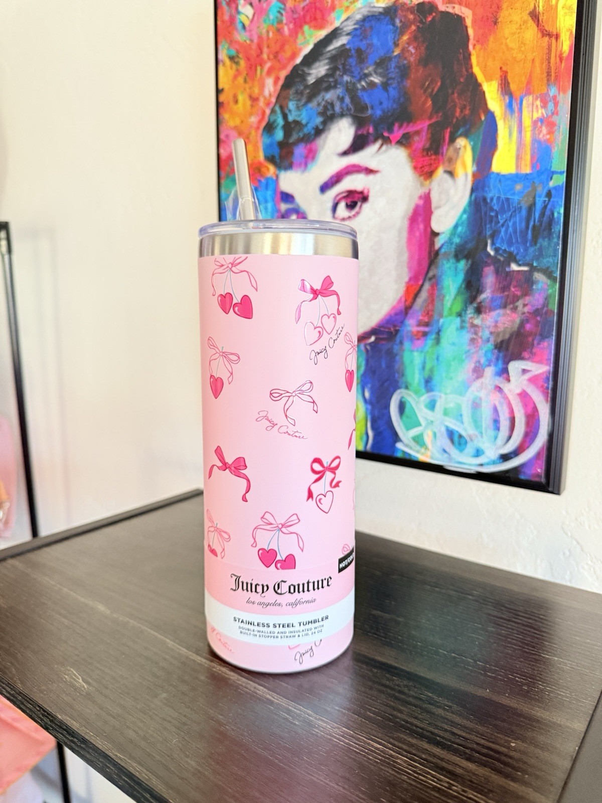 Juicy Couture 24oz Pink Stainless Steel Tumbler Coquette Bow & cherry heart