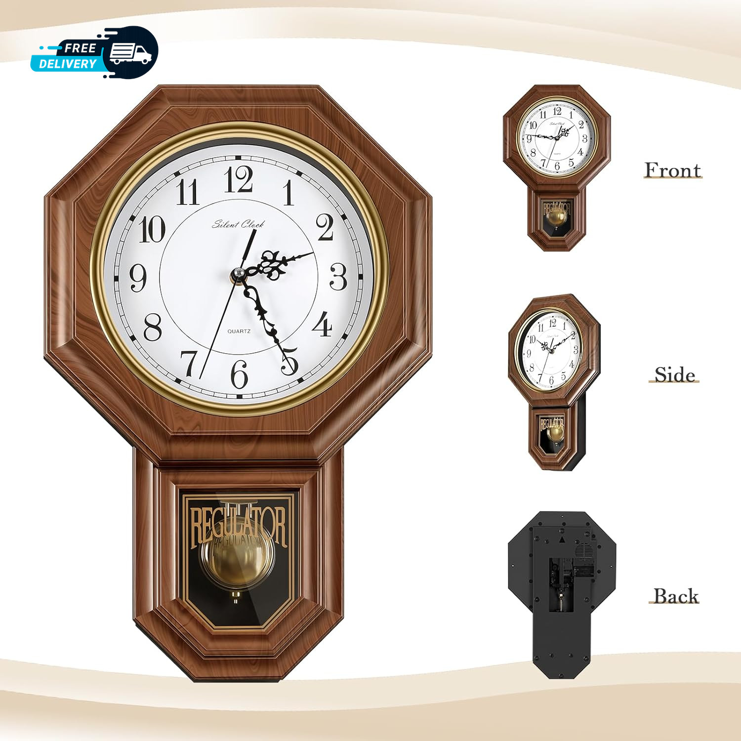 Pendulum Wall Clocks Battery Operated, Wood-Looking Plastic Regulator Clock with