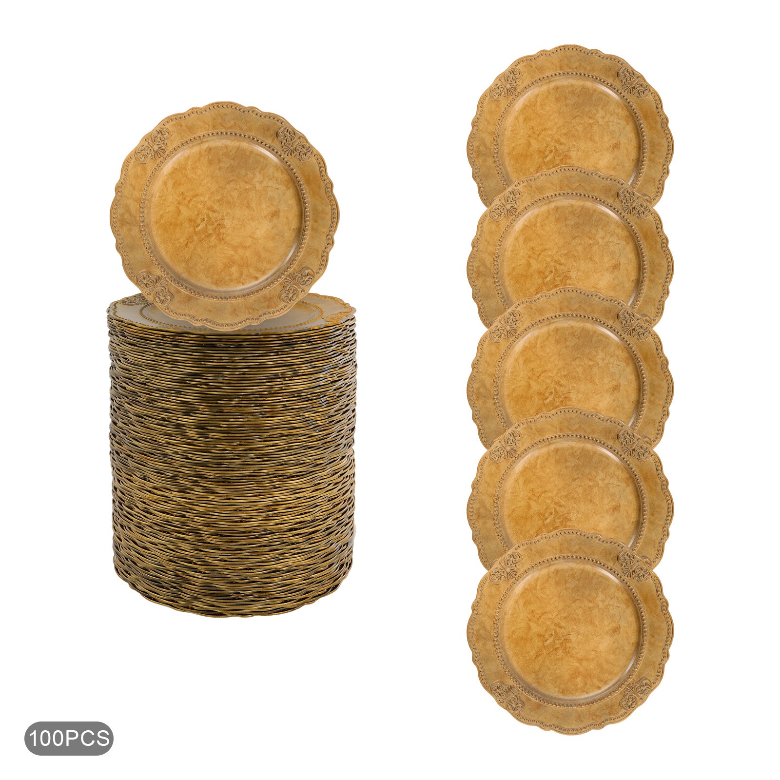 100 Pcs Antique Charger Plates Decorative Chargers for Table Dinner Kitchen Gold