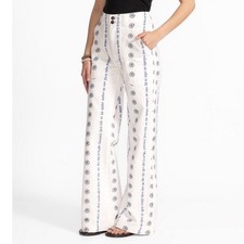 Johnny Was Wide Leg Floral Embroidered Denim Trouser Pants White Blue NWT Sz 25