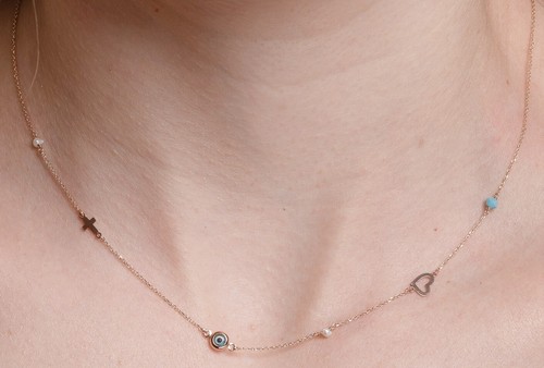 Multi Charms Necklace in 14k Gold with Evil Eye, Heart, Cross, Pearls - Picture 4 of 8
