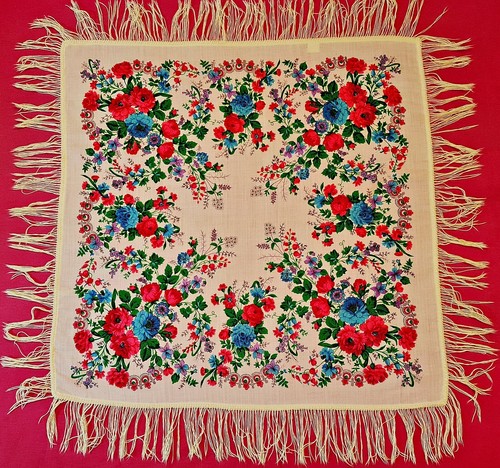 SCARF VINTAGE AUTHENTIC FLORAL ROSES WHITE PINK GREEN WOOL 38" SQUARE FRINGE