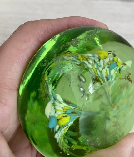 Vintage Art Glass Paperweight Green Glass Multi-Colored Floral - Picture 5 of 7