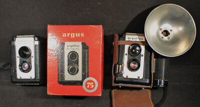 3 Argus Argoflex Seventy-Five 75mm Film Cameras one w/Case & Flash, & one in Box