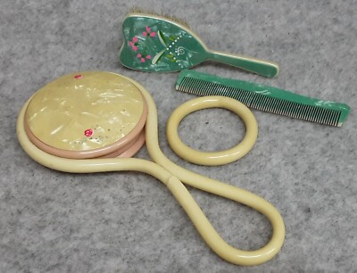 Seltenes Baby Krippe Spielzeug Set Zelluloid Rassel Beißring Haarbürste Kamm Vintage