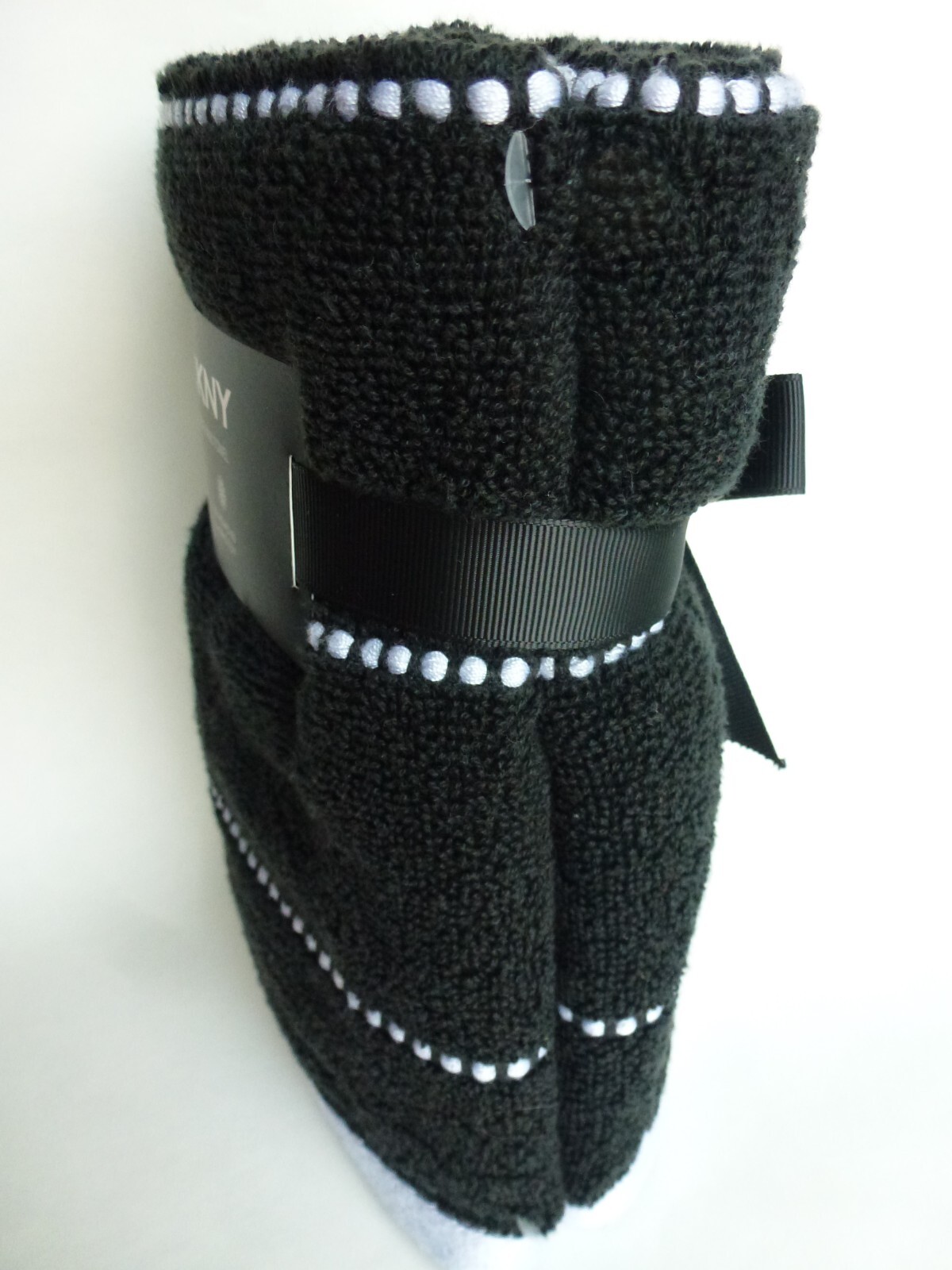 New DKNY 6pc Black Lt Gray Dot Stripe TOWEL SET Bath Hand Fingertip 100